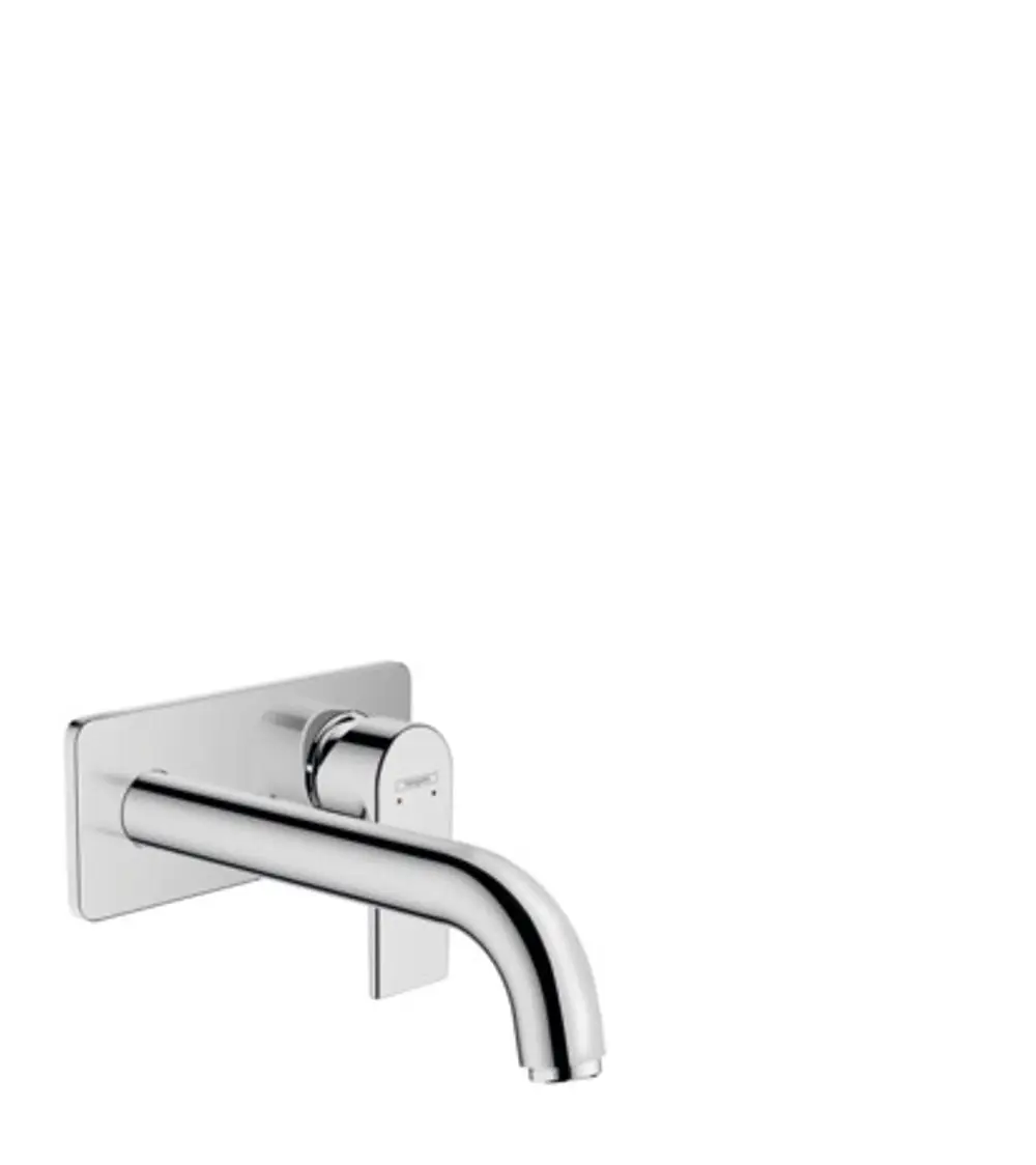 Chromfarbener Wand-Waschtischmischer von Hansgrohe, Unterputz montiert, mit leicht gebogenem Auslauf und Bedienungselement an der Wand.